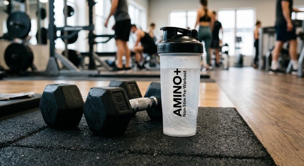 Close-up of a shaker bottle with a clear, non-stimulant pre-workout or amino acid 