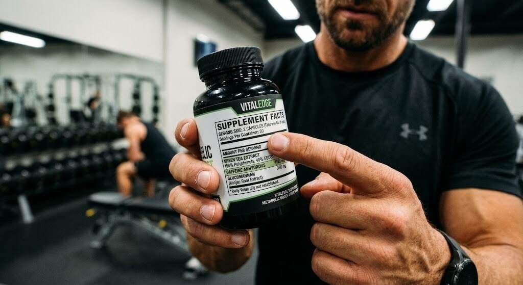 Close-up of a supplement label highlighting ingredients like green tea extract,