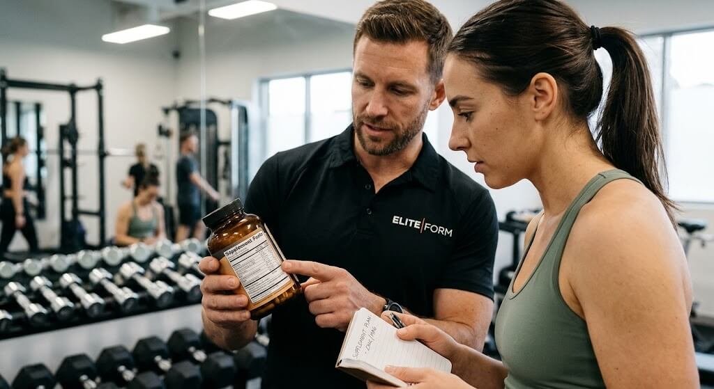 Close-up of a trainer reviewing micronutrient supplement