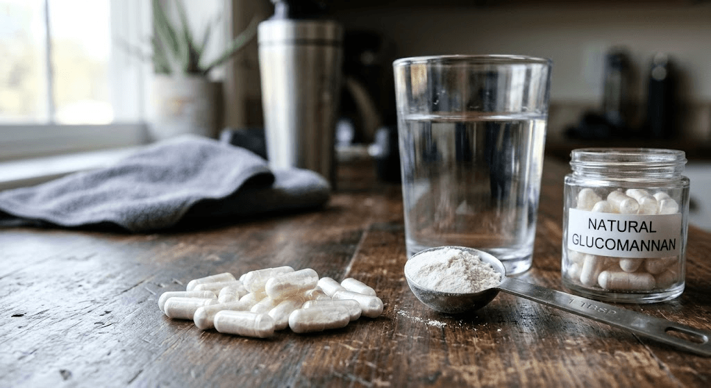 Close-up of clear glucomannan capsules next to a glass of water and a measuring 
