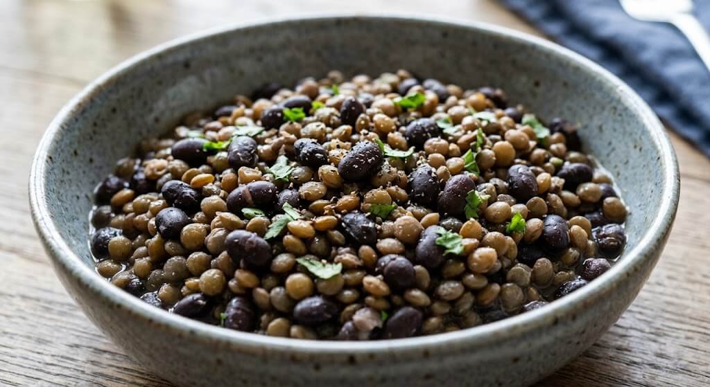 Close-up of cooked black beans and lentils in a bowl, highlighting legume soluble fiber