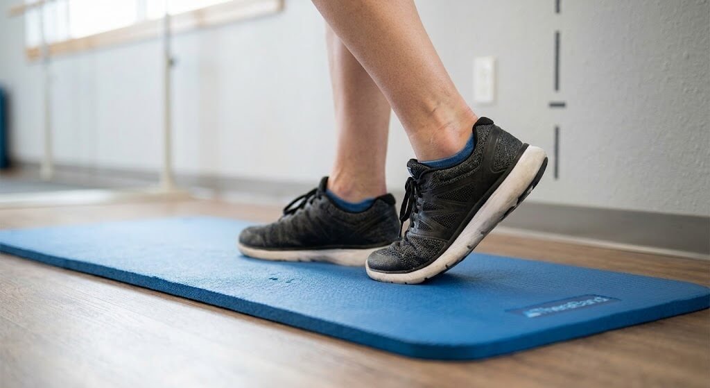 Close-up of feet on a foam balance pad