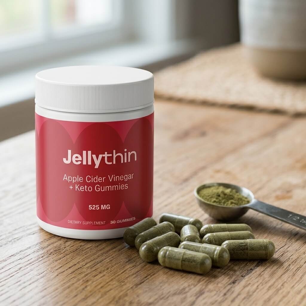 Close-up of green tea extract capsules next to a measuring scoop, highlighting