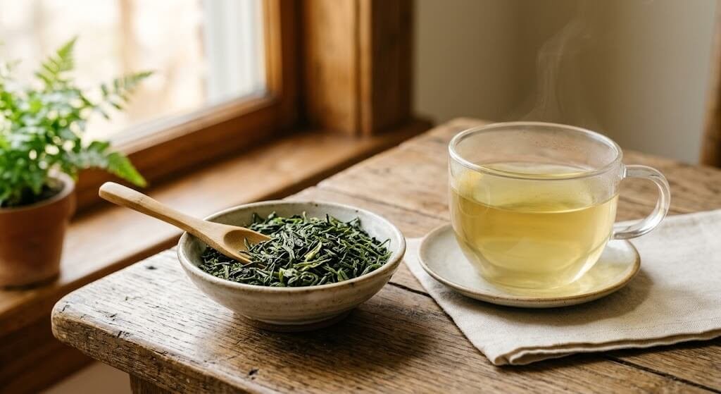 Close-up of loose green tea leaves beside a clear cup of brewed tea,