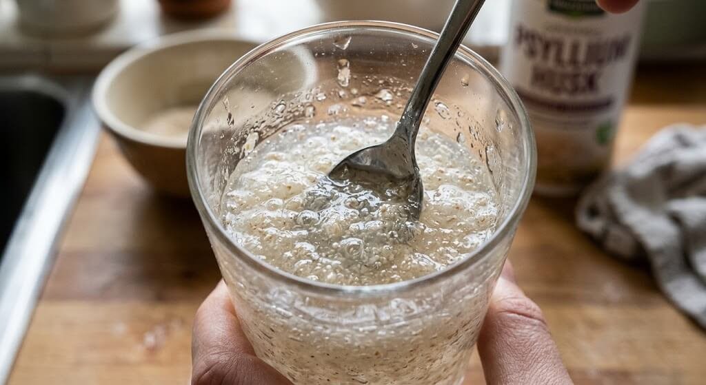 Close-up of psyllium husk powder forming a gel when mixed with water in a glass
