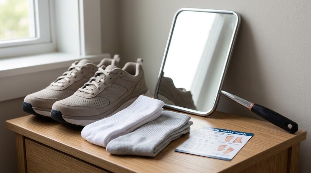 Close-up of supportive walking shoes beside