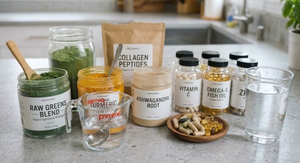 Close-up of various natural supplement powders and capsules arranged neatly