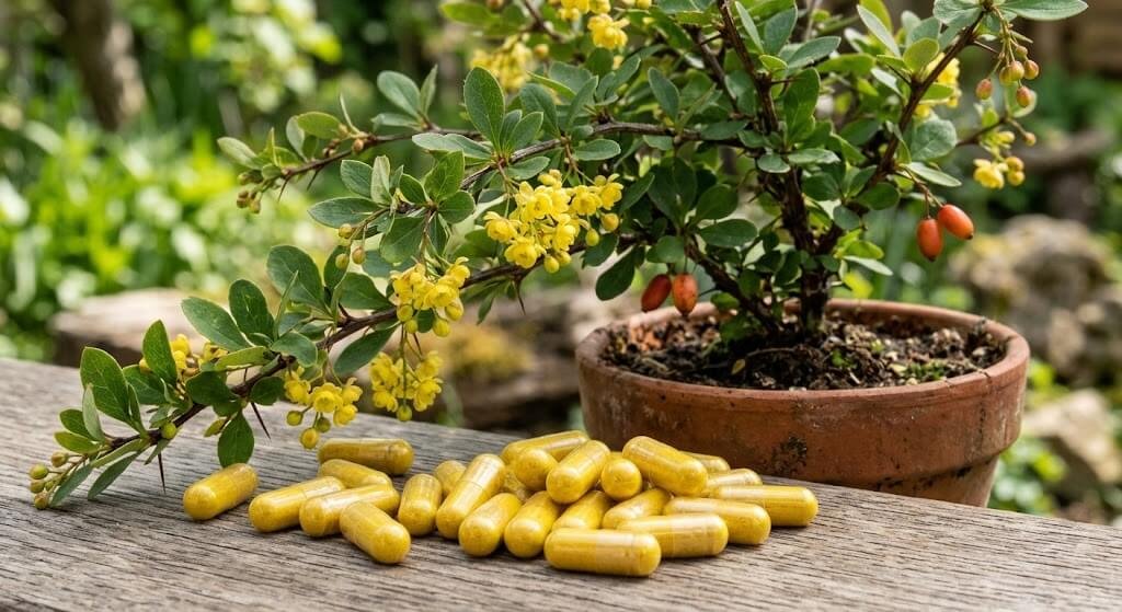 Close-up of yellow berberine capsules next to a barberry or goldenseal plant