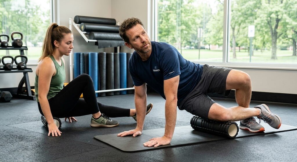 Coach demonstrating a calf and hamstring