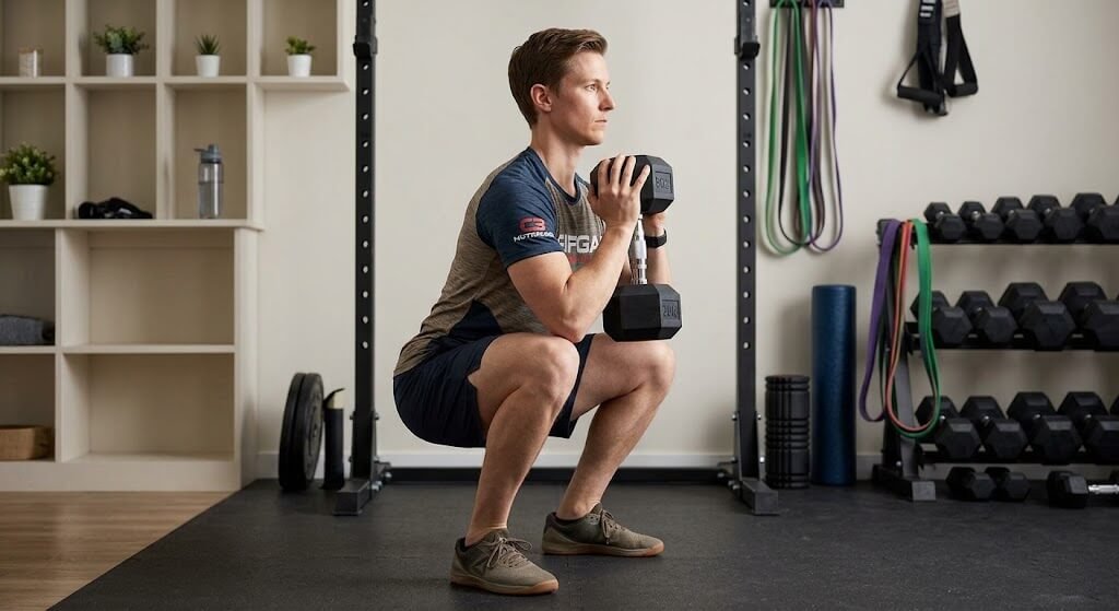 Coach demonstrating a goblet squat in a home gym setting, shown from a side angle