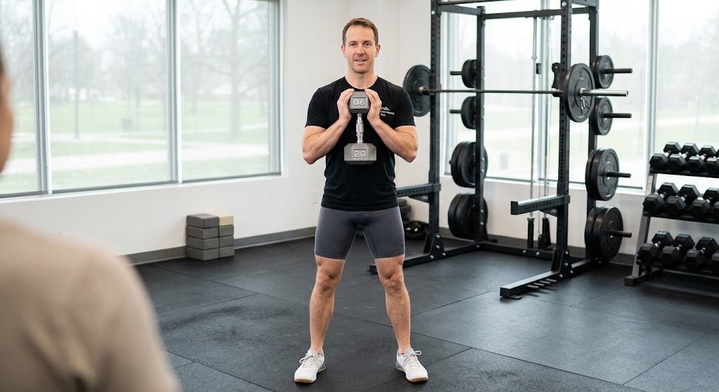 Coach demonstrating goblet squat setup with a dumbbell held at chest height