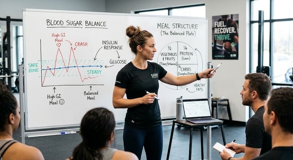 Coach explaining blood sugar balance and meal structure on a whiteboard