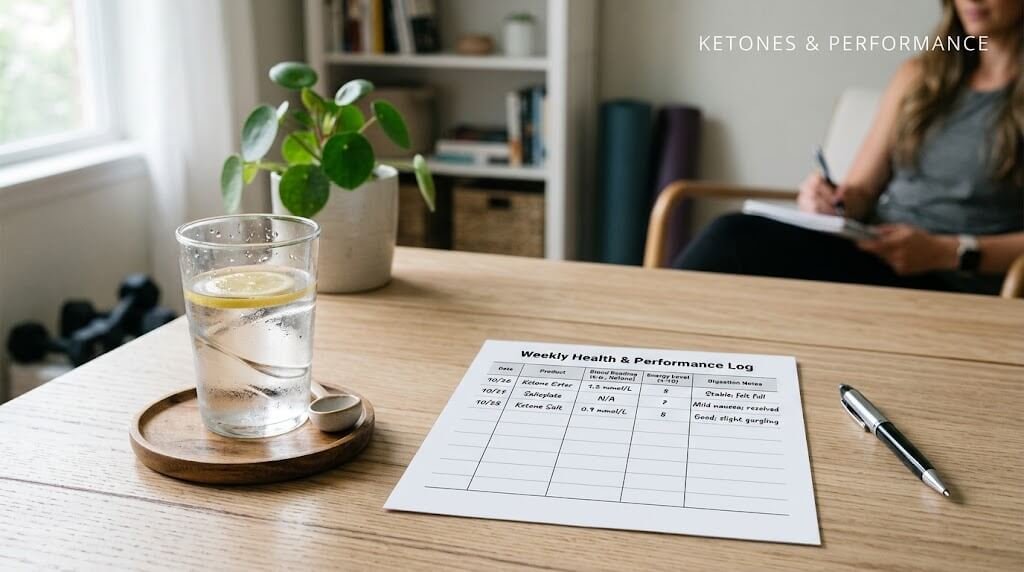 Coach reviewing a simple handwritten log of blood glucose readings on a clipboard beside a water glass