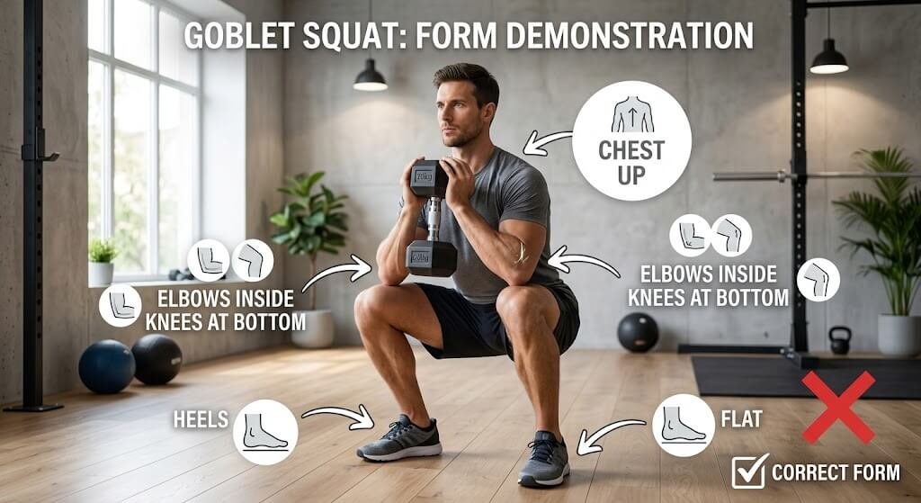 Demo of the goblet squat showing chest up, elbows inside the knees at the bottom, and heels flat