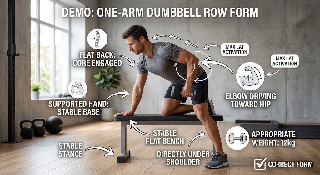 Demo of the one-arm dumbbell row with flat back, supported hand on a bench, and elbow driving toward the hip