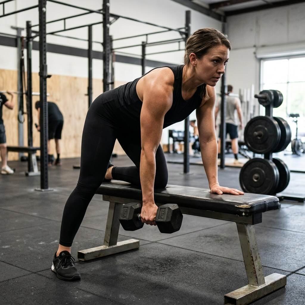 Demonstration of the one-arm dumbbell row with a flat back, one hand and knee on a bench, dumbbell hanging straight under the shoulder