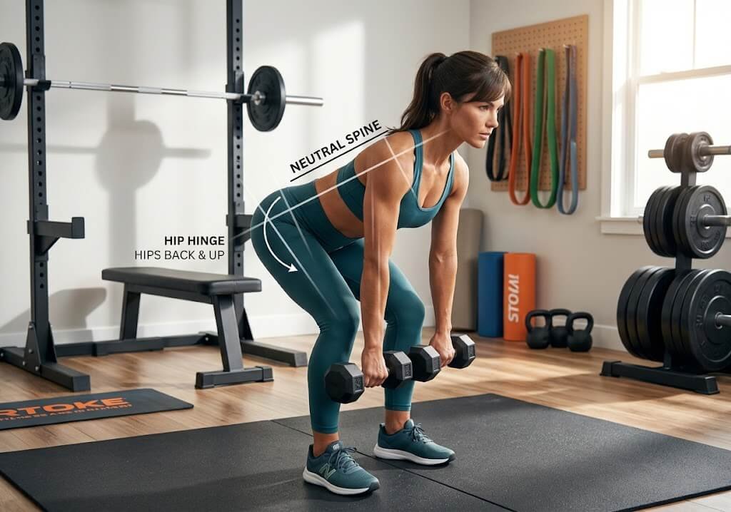 Dumbbell Romanian deadlift showing neutral spine and hip hinge