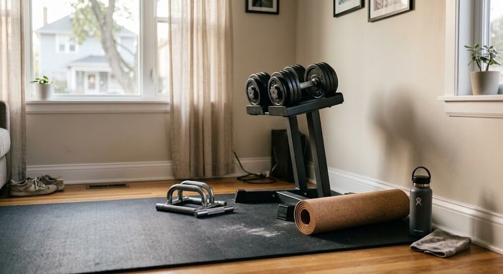 Dumbbell row and push-up station set up in a home corner, with a yoga 