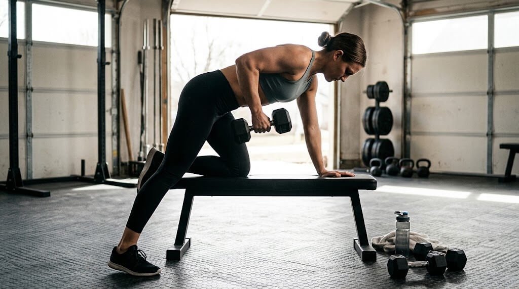 Dumbbell row set-up with a flat back, one hand on a bench, and the elbow pulled toward the hip