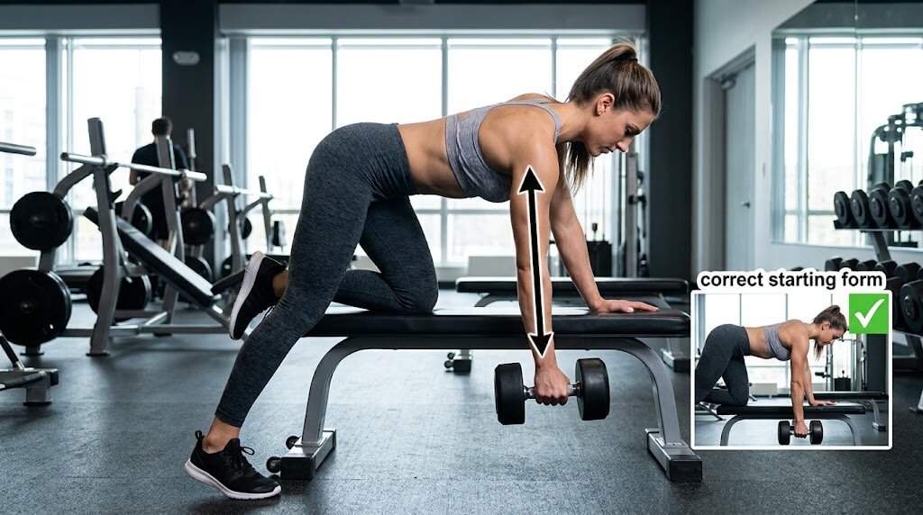 Dumbbell row starting position on flat bench