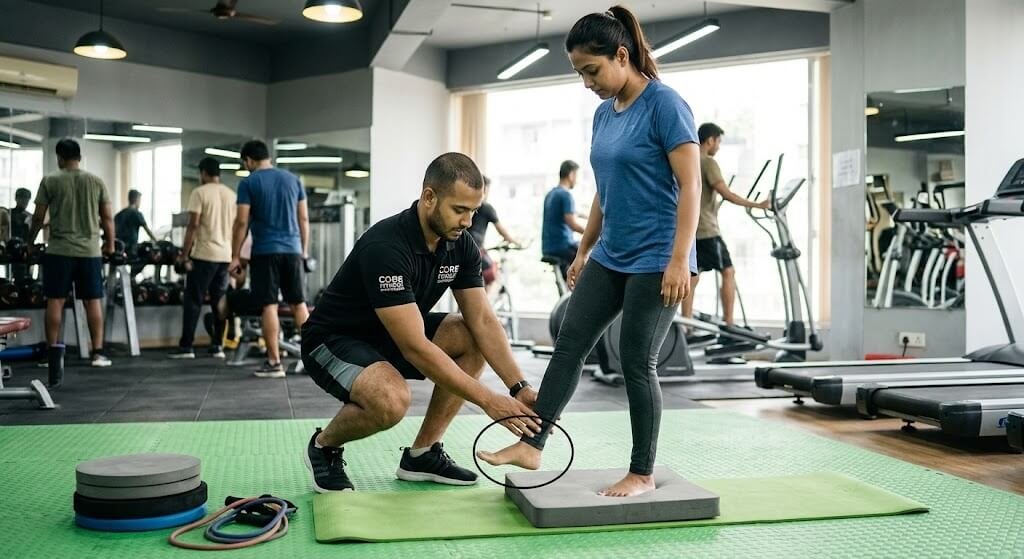 Fitness coach guiding a client through ankle