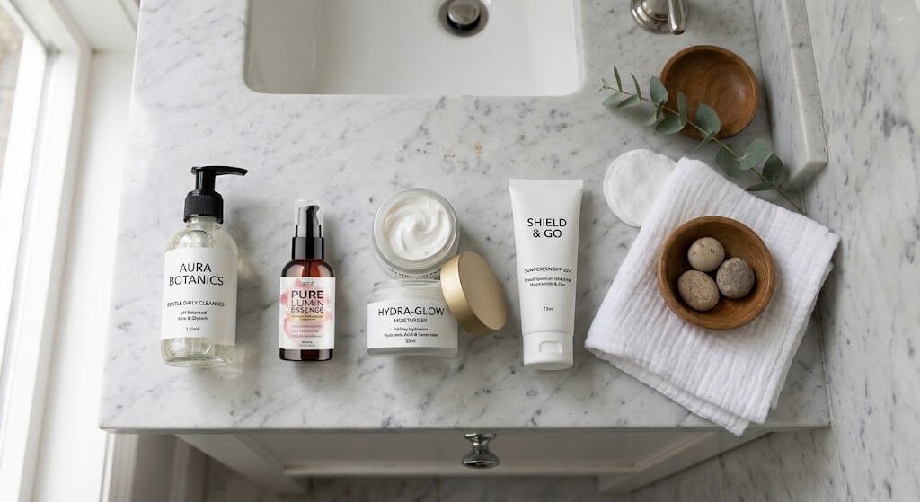 Flat-lay image of a simple morning skin-care