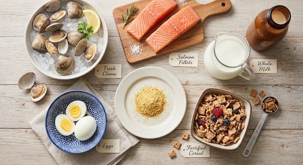 Flat-lay of B12-rich foods such as clams