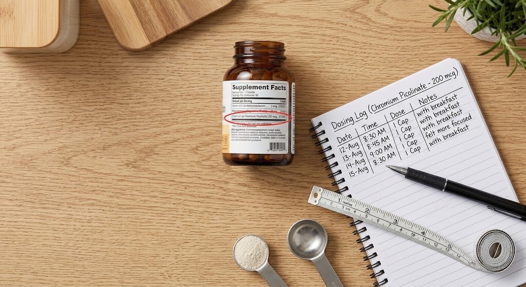 Flat-lay of a chromium supplement bottle, a notepad with a dosing log, and a tape measure