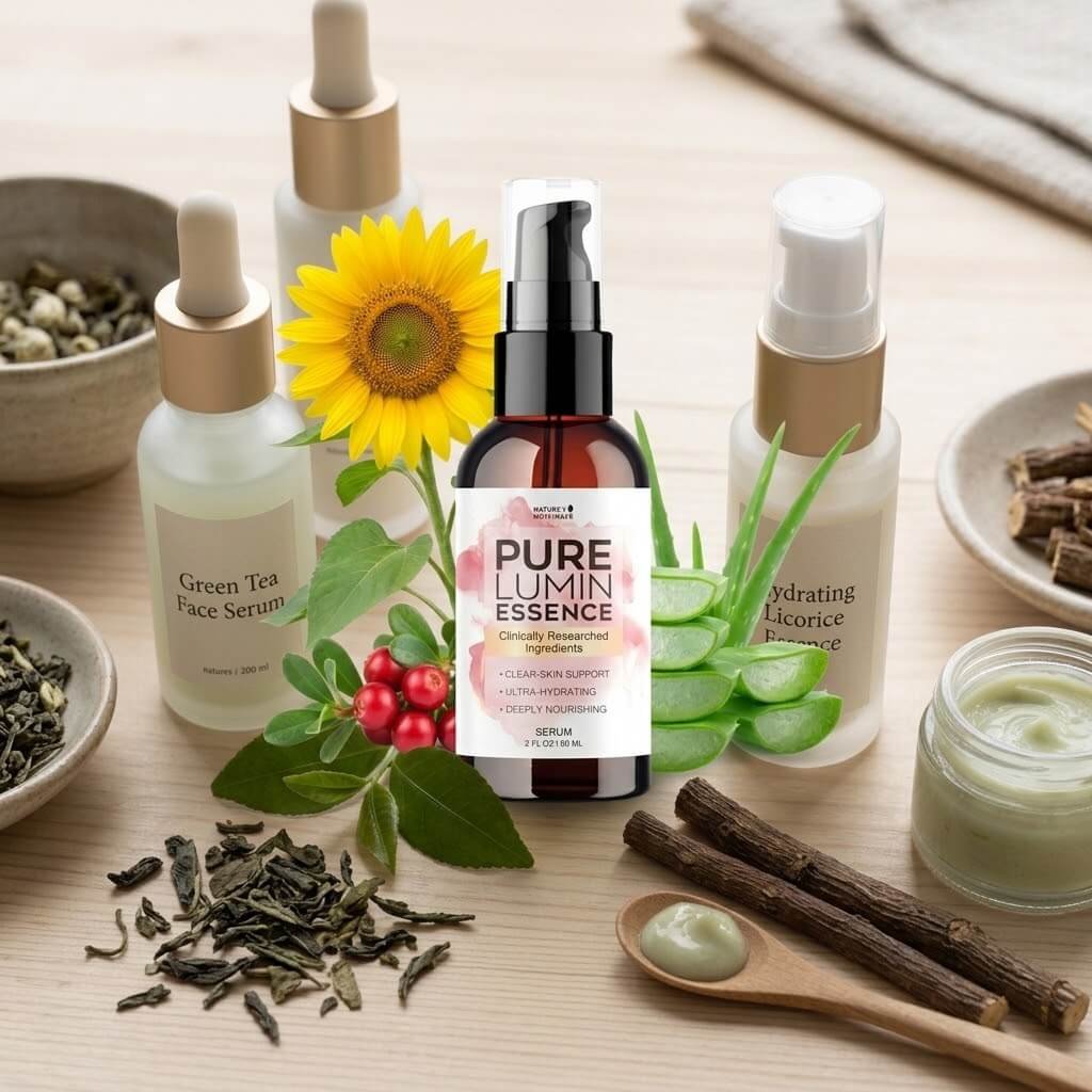 Flat lay of natural botanical skincare bottles