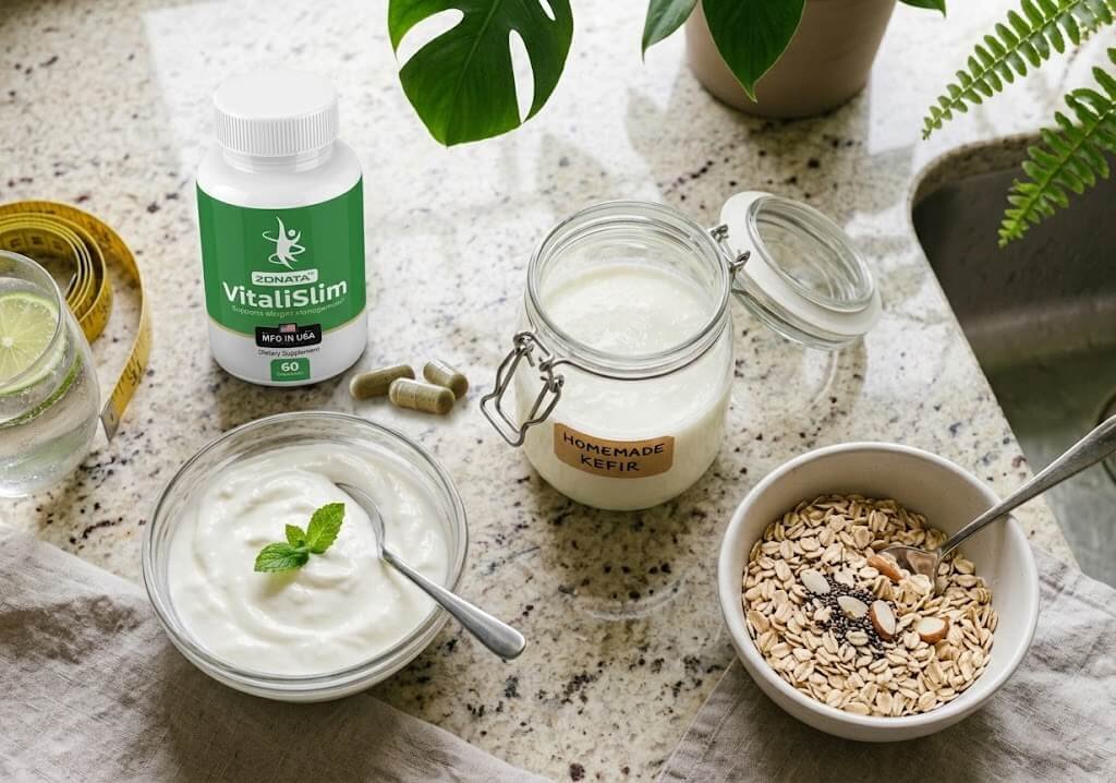 Flat lay of plain yogurt, kefir, a probiotic capsule bottle, and a bowl of oats on a kitchen counter