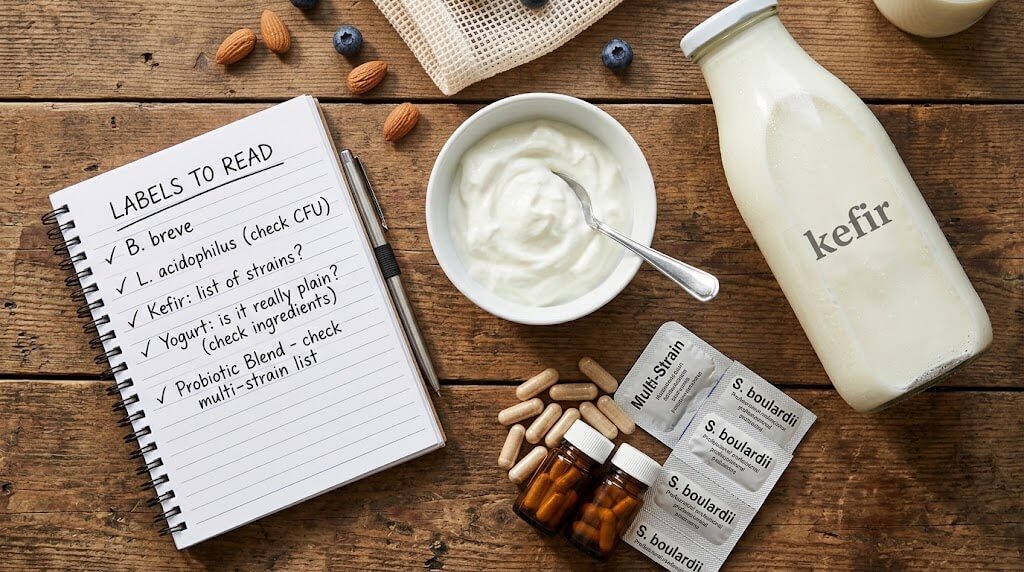 Flat lay of probiotic capsules, a bowl of plain yogurt, and kefir, with a label-reading notepad