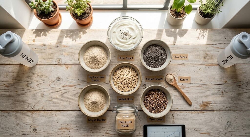 Flat lay of psyllium husk, chia seeds, rolled oats, konjac powder,