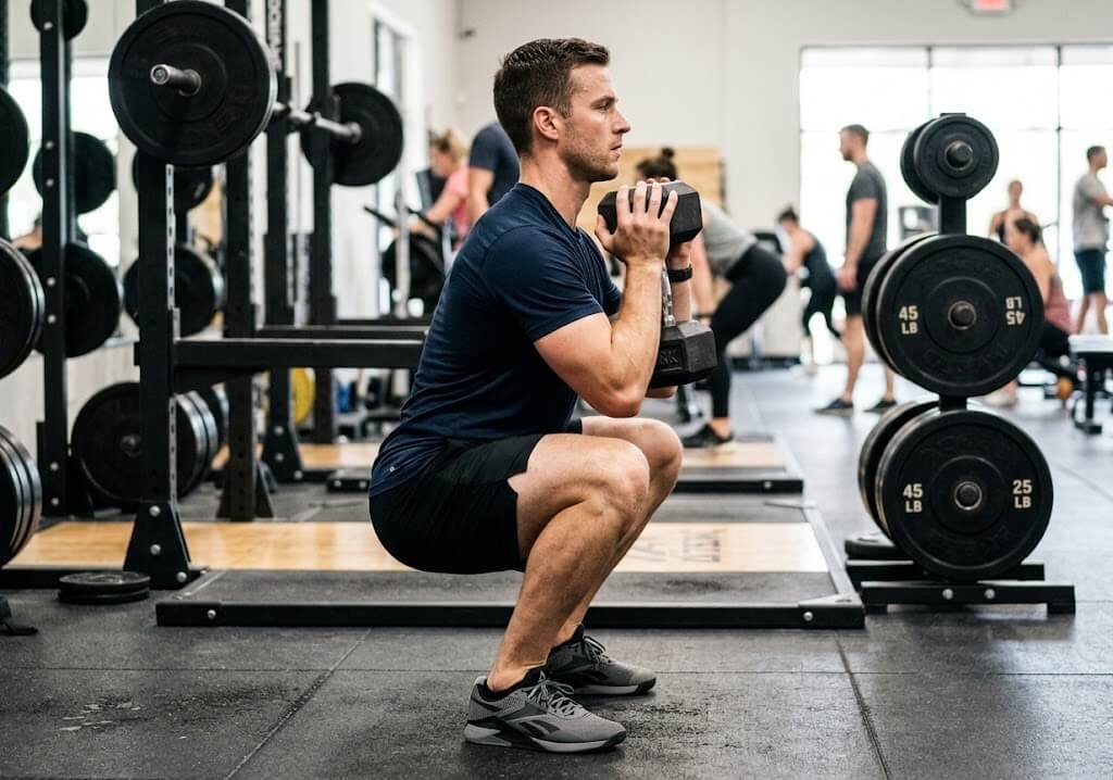 Goblet squat bottom position, side view, showing chest tall and knees tracking over toes