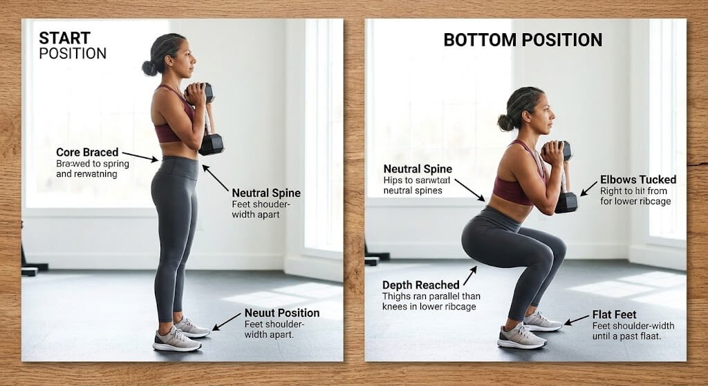Goblet squat shown at the start position and at the bottom, 