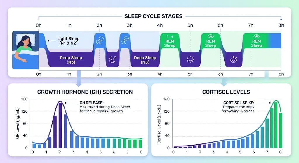 Graphical infographic illustrating the sleep cycle stages (Light, Deep, REM) alongside