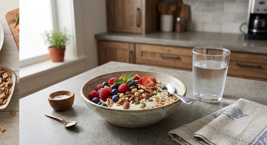 Healthy breakfast bowl with berries,