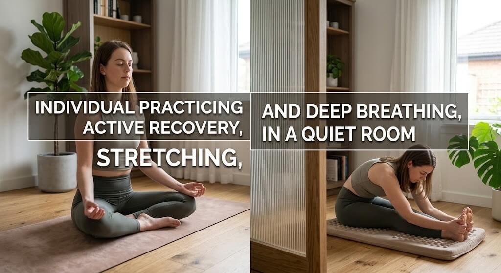 Individual practicing active recovery, stretching, and deep breathing in a quiet room