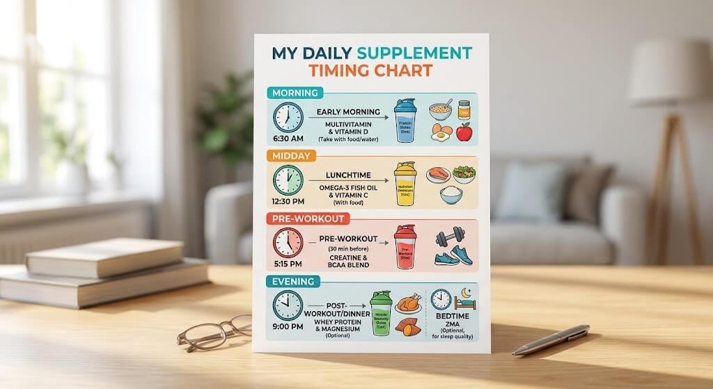 Infographic showing daily supplement timing