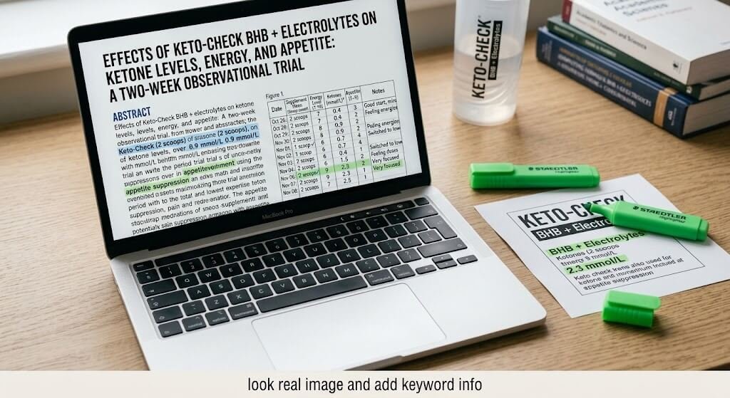 Laptop on a desk showing a study abstract, beside a highlighter and a printed product label