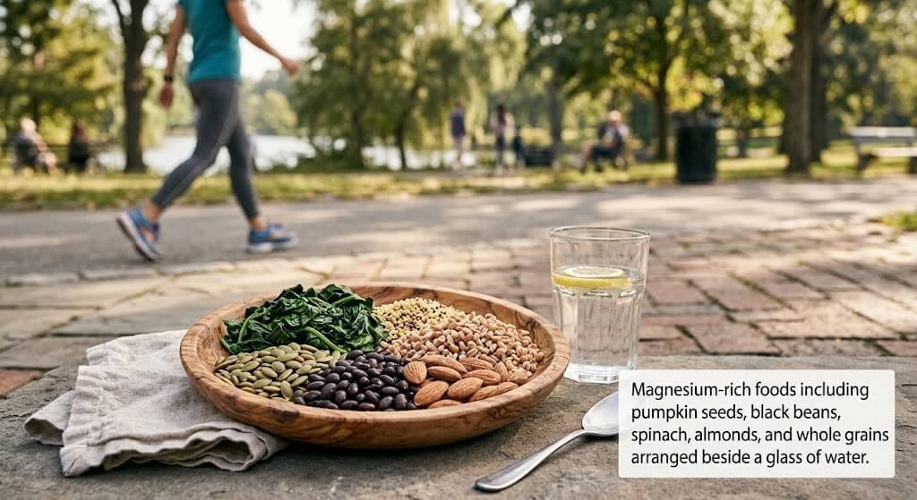 Magnesium-rich foods including pumpkin seeds,