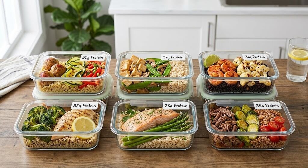 Meal-prep containers filled with protein, vegetables, and grains, labeled with grams of protein