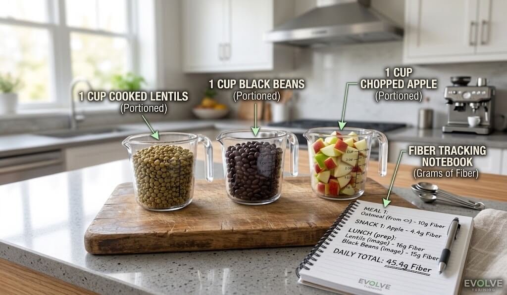 Measuring-cup portions of cooked lentils, black beans, and chopped apple lined up on a cutting board with a notebook tracking grams of fiber