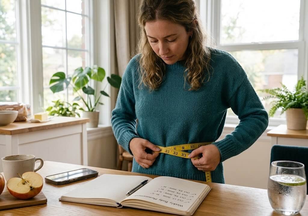 Measuring tape around the waist at navel height with a notebook of weekly measurements nearby