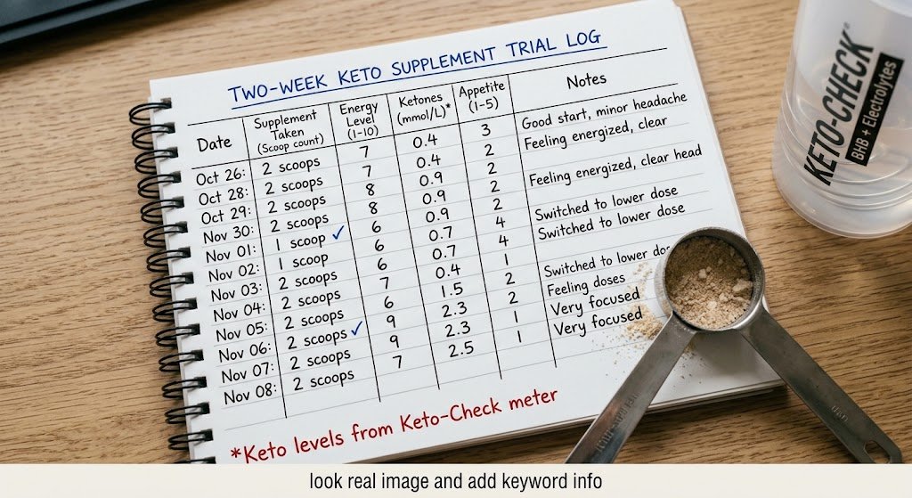  Notebook page with a two-week supplement trial log, a measuring scoop, and a product label in view