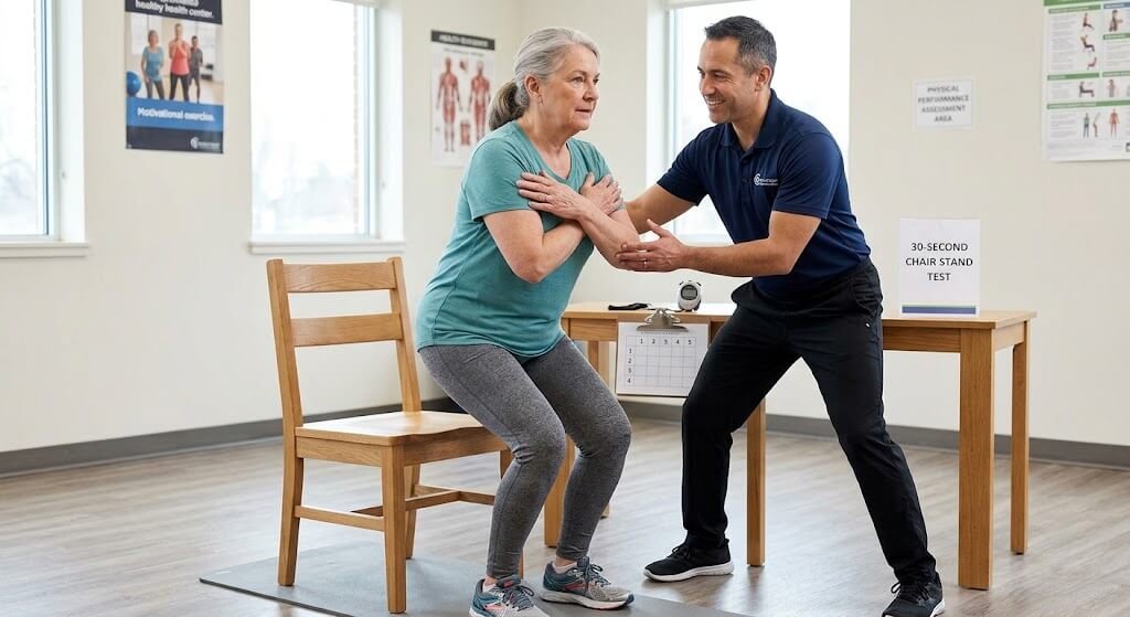 Older adult doing a chair stand test with a coach spotting. Shows what “physical performance” means in this study