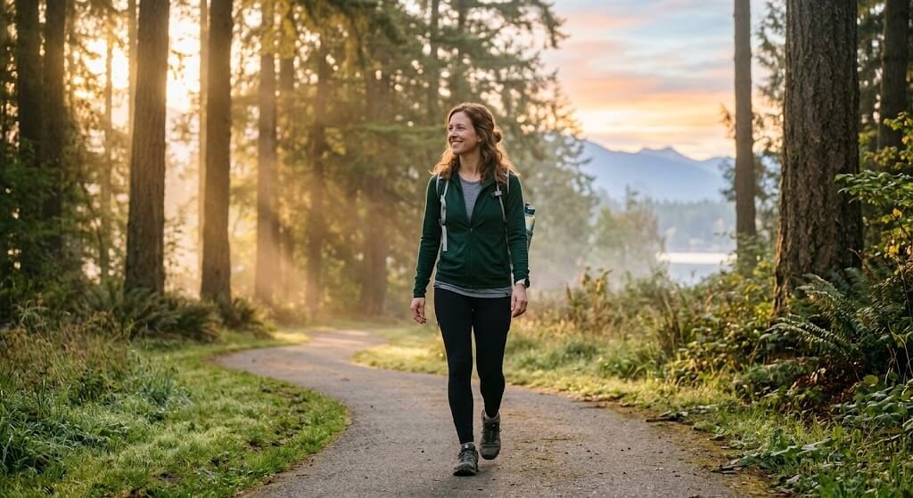 Person doing a morning walk outdoors, relaxed and well rested, early ligh