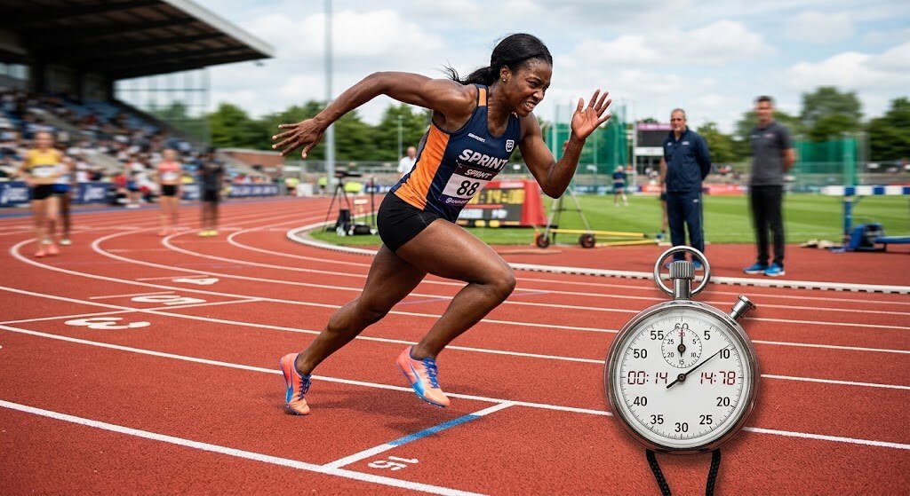 Person doing a short, intense interval sprint on a track, with a stopwatch visible
