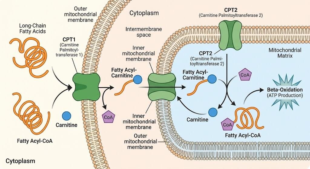 Simple diagram showing carnitine helping fatty acids enter a cell’s mitochondria