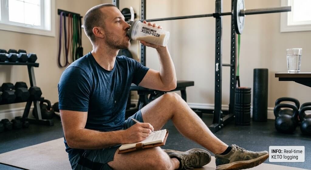 Person in a home gym drinking from a water bottle after a light workout, with a notepad logging how they feel