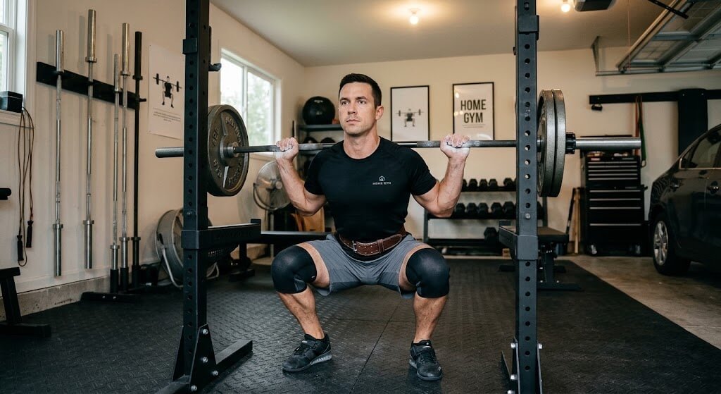Person performing a barbell back squat with proper form in a home 